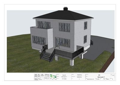 3D-visualisering av en planlagt bolig med fasade, tak og omgivelser.