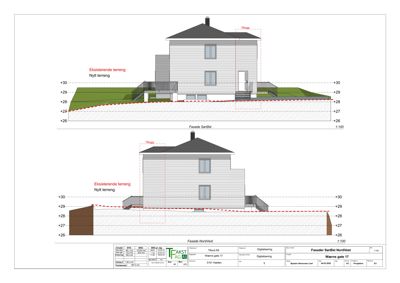 Fasadetegning som viser bygningens utseende sett fra to sider (SørØst og NordVest) med terrengforhold.