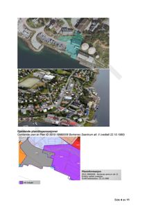 Bildet viser en side fra en byggesak som inneholder to flyfoto (øverst) og en fargekodet arealplan (nederst) for et industriområde ved kysten.