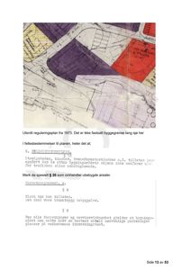 Et utsnitt fra en reguleringsplan fra 1973 som viser tomtegrenser og arealbruk, samt tilhørende tekst om forretningsareal og byggegrenser.