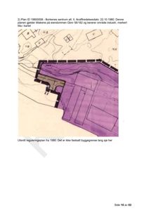 Utsnitt av en reguleringsplan fra 1980 som viser eiendomsgrenser, høydemåler (konturer) og et område markert med lilla farge.