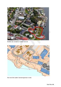 Bildet viser et kombinert bilde med et skråfoto av et område og en tilhørende karttegning (Gbnr) som viser eiendomsgrenser og høydemålinger.