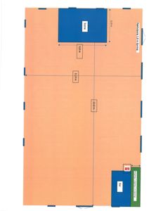 Etasjeplan som viser romfordeling (Scene, Bar, Inngang) og dimensjoner for et lokalerom.