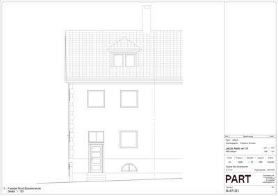 Fasadetegning av en eksisterende bygning (Jacob Aalls vei 10) med vinduer, dør og tak.