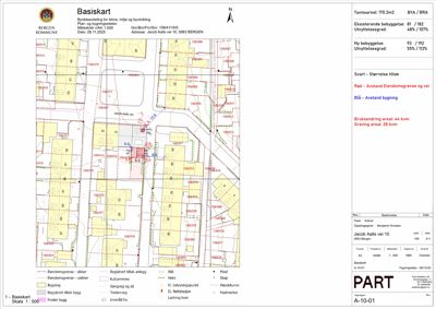 Basiskart som viser eiendomsgranser, eksisterende og nybebyggelse, utnyttelsesgrad og bruksendring for tomt ved Jacob Aalls vei 10.
