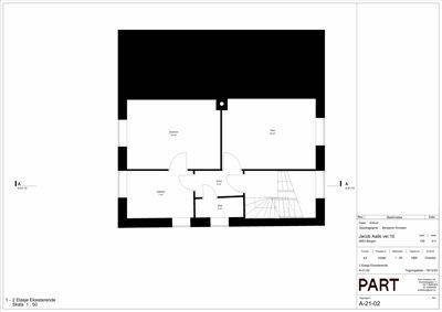 Etasjeplan for 2. etasje i eksisterende bygning, med romfordeling (soverom, stue, kjøkken, bad) og trapp opp.