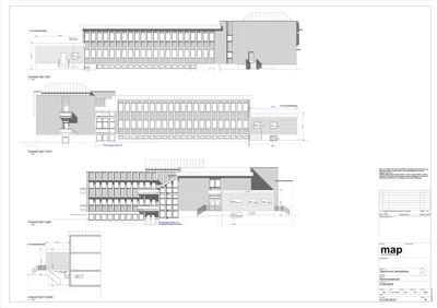Fasadetegning som viser bygningens utsyn mot de fire hovedretningene (øst, vest, sør og nord) med detaljer om vinduer, materialer og dimensjoner.