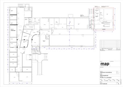 Etasjeplan (situasjonsplan) som viser romfordeling, vegger og dimensjoner for en bygning.