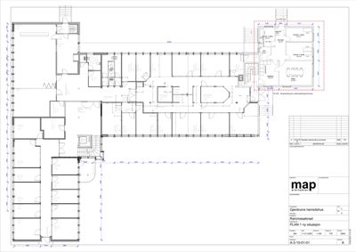 Etasjeplan (plan 1) for Gjerdrums herredshus i Rammesnekrd, som viser romfordeling, dører, trapper og mål.