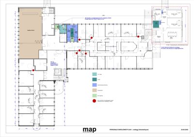 Etasjeplan (personalfunksjoner) med romfordeling, dimensjoner og funksjonsfargekoding.
