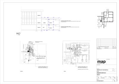 Dette bildet viser en samling av snittegninger (snitt) og etasjeplaner (plan) for en bygning. Det er også inkludert en situasjonsplan i øvre høyre hjørne.