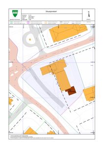 Situasjonskart som viser tomtens beliggenhet, grenser, nabolag og eksisterende bygninger.