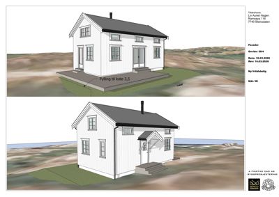 3D-visualisering (rendering) av en planlagt fritidsbolig sett fra to ulike vinkler. Bildet viser fasade, tak, vinduer og grunnplan med fylling.