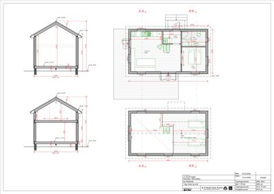 Bildet viser en fasadetekning (opprikk) av en liten hytte sett fra utsiden, med to varianter (A-A og B-B) og tilhørende etasjeplaner.