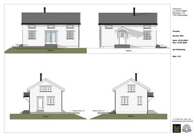 Fasadetegning som viser bygningens utseende fra fire ulike vinkler (for, bak, venstre og høyre side).