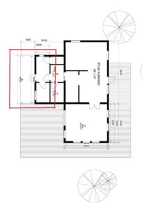Etasjeplan som viser romfordeling, dimensjoner og plassering av dører og vinduer.