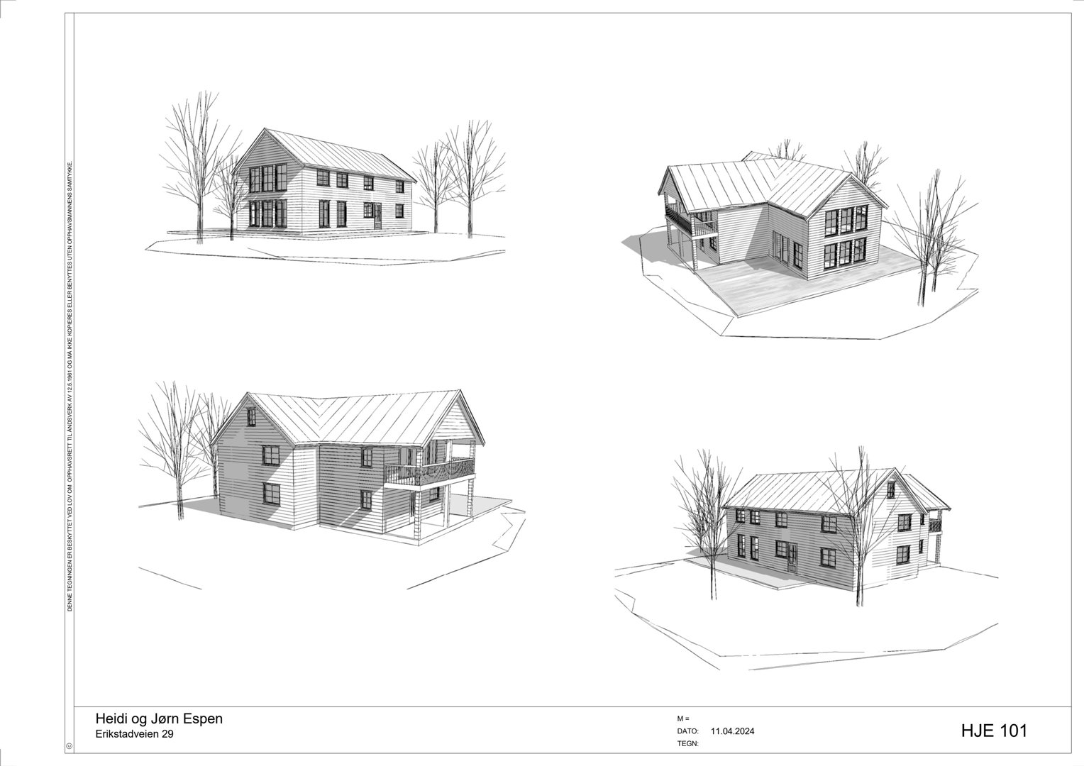 Fire ulike vinklinger (perspektivtegninger) av en planlagt toetasjes bolig sett fra utsiden.