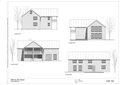 Fasadetegning som viser bygningens utsyn fra alle fire sider (NORD, ØST, VEST, SØR).