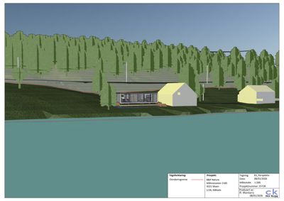3D-visualisering (perspektiv) av en bygning i et landskap med skog og vann.