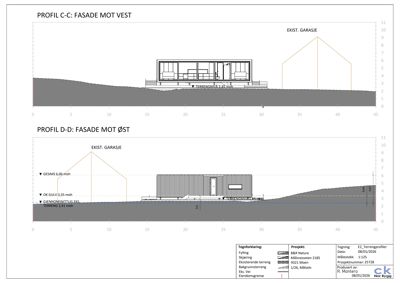 Snittegning (profil) som viser bygningens høyde i forhold til terrenget og eksisterende garasje.