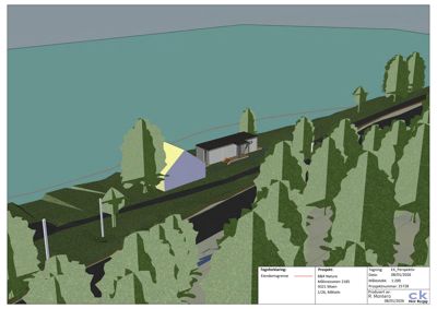 3D-visualisering (rendering) av et byggeprosjekt med to bygninger plassert på et terreng med vegetasjon.