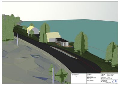 3D-visualisering (perspektivtegning) av et hus og omgivelser med terreng, veier og vann.