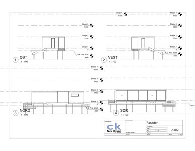Fasadetegning som viser bygningens utseende fra fire sider (Øst, Vest, Nord, Sør) med høydeangivelser og etasjer.