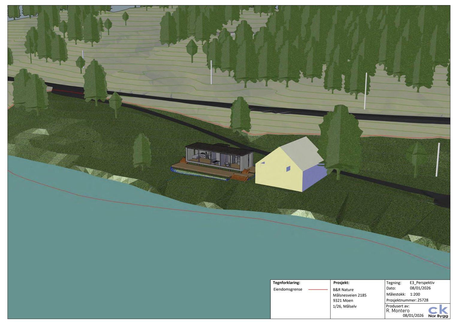 3D-visualisering (perspektiv) av en planlagt bygning i et naturområde med terreng og vegetasjon.