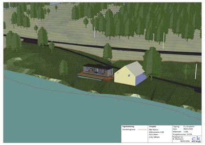 3D-visualisering (perspektiv) av en planlagt bygning i et naturområde med terreng og vegetasjon.