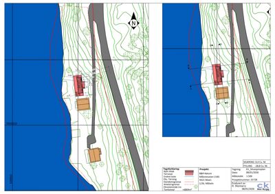Situasjonsplan som viser tomtens beliggenhet, høydemålerlinjer, eksisterende og nytt tiltak, samt nabolagets topografi.