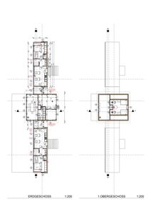 Plantegning som viser romfordeling og dimensjoner for etasjene 'ERDGESCHOSS' (1. etasje) og '1.OBERGESCHOSS' (2. etasje).
