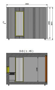 Snittegning (D-D) av en bygning med dimensjoner og konstruksjonsdetaljer.