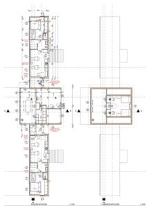 Plantegning som viser romfordeling og dimensjoner for flere etasjer (ERDGESCHOSS, 1. OBERGESCHOSS) samt et snitt (A-A).