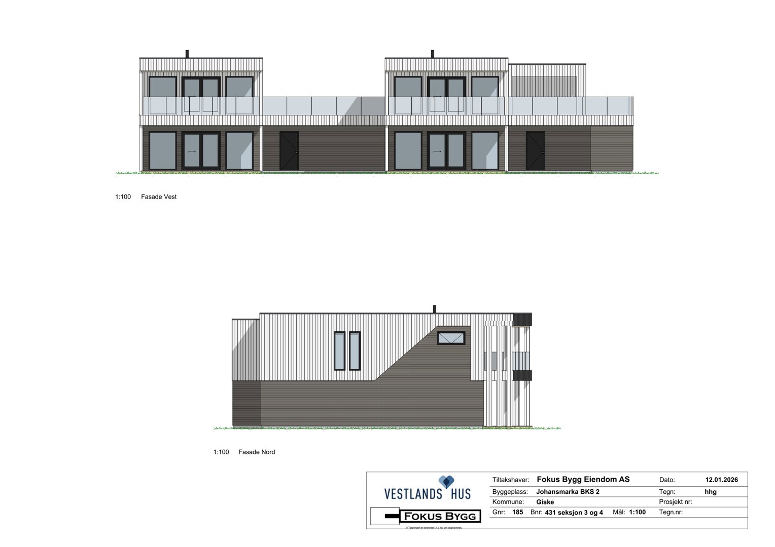 Bildet viser fasadetegninger for en bygning, spesifikt 'Fasade Vest' og 'Fasade Nord', med skala 1:100.