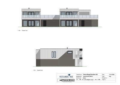 Bildet viser fasadetegninger for en bygning, spesifikt 'Fasade Vest' og 'Fasade Nord', med skala 1:100.