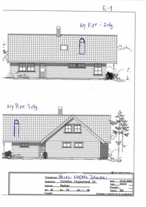 Bildet viser to fasadetegninger av en bolig, en frontfaset og en sidefaset, med håndskrevne notater om ny pipe.