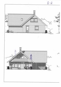Tegning som viser fasader av en hytte sett fra utsiden.