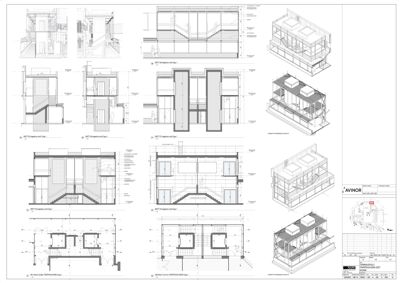 En samling av snittegninger (seksjoner) og 3D-modeller av en bygning, som viser indre konstruksjon, etasjer og romfordeling.