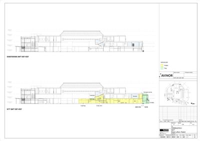 Snittegning som viser eksisterende og nytt tverrsnitt av Terminalbygg 2 (Øst-Vest).