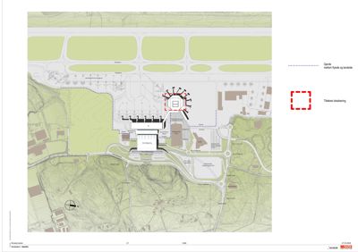 Situasjonsplan som viser bygningens plassering i forhold til omgivelsene, inkludert veier, andre bygninger og terrengform.