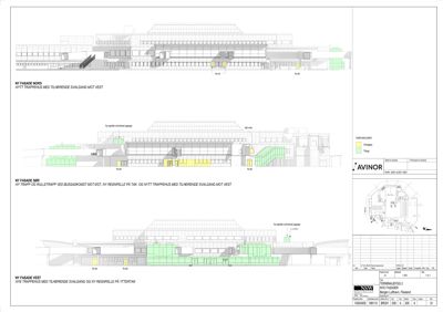 Tegning som viser tre ulike fasadeoppsett (Nord, Sør og Vest) for et nytt terminalbygg, inkludert detaljer om trapper, glassvegger og takkonstruksjon.