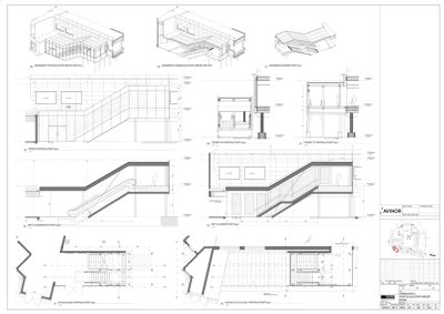 En samling av snittegninger som viser bygningens indre konstruksjon, etasjeskift og detaljer for en trapp og en rulletrapp.