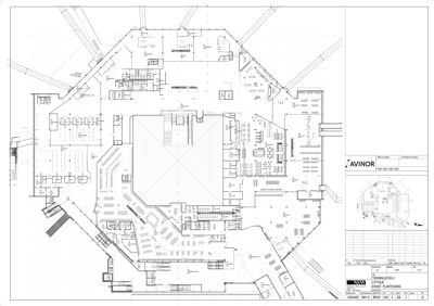 Etasjeplan (plantegning) for Terminalbygg 2, som viser romfordeling, gateområder og kommersielt areal.
