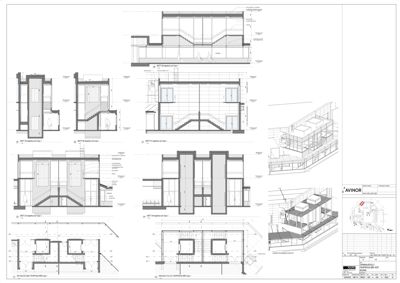 En samling av snittegninger (seksjoner) som viser bygningens indre konstruksjon, etasjeskift og romfordeling i tverrsnitt.