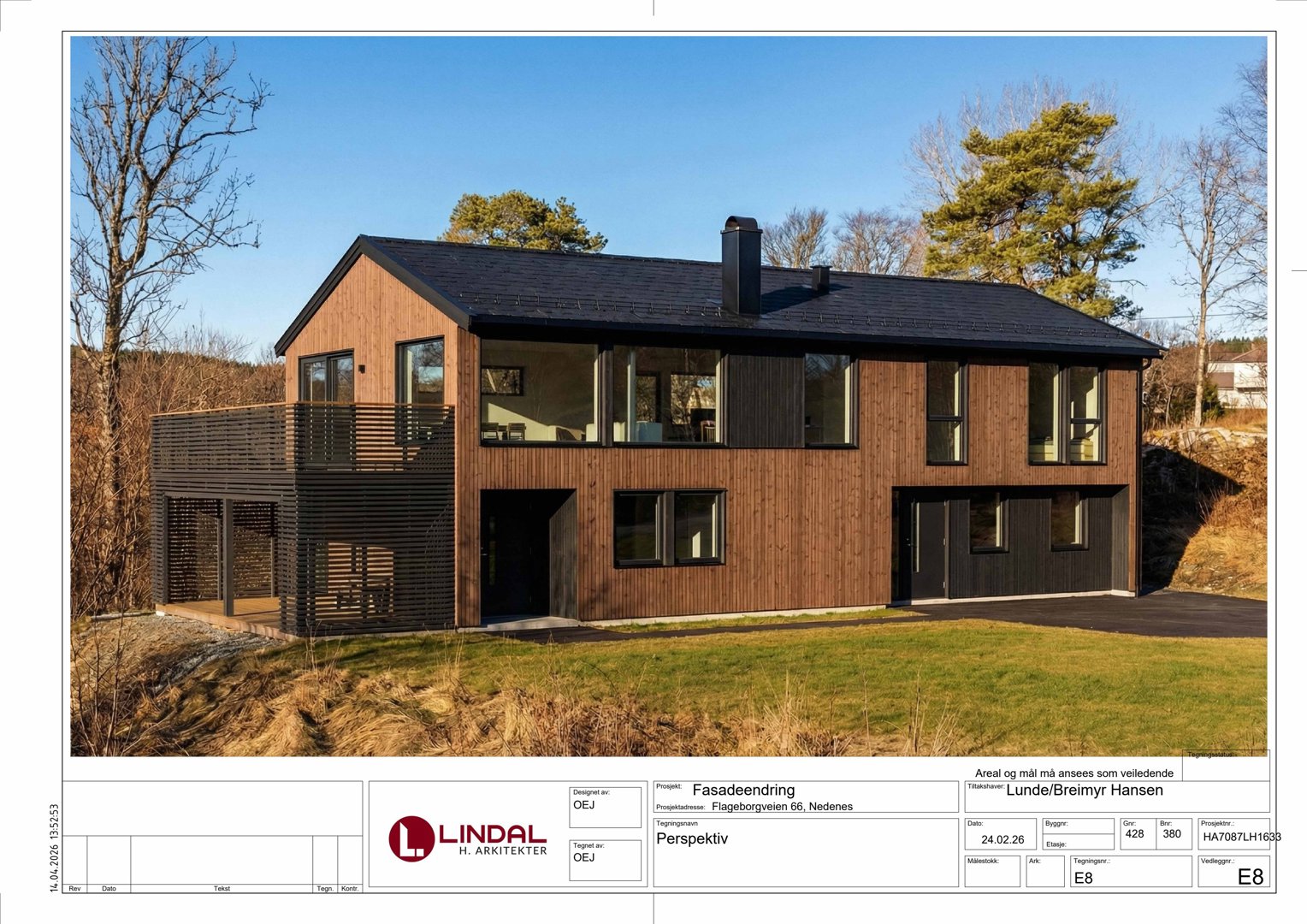 Fotografi av en ferdig eller planlagt villa med trepanel og mørk takbekledning, sett fra front.