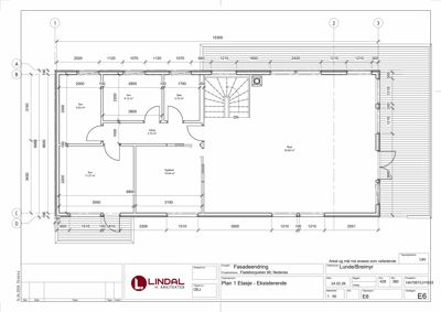 Etasjeplan (Plan 1) som viser romfordeling, mål og areal for en eksisterende bygning.