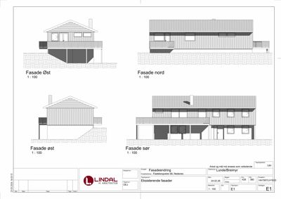 Fasadetegning som viser eksisterende fasader (Øst, Nord, Sør) for en bygning.
