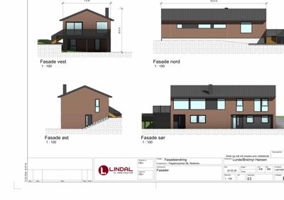 Fasadetegning som viser bygningens utsyn fra alle fire sider (vest, nord, øst, sør) med mål og detaljer.