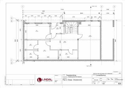 Etasjeplan (Plan U) for eksisterende etasje i en bygning, med romfordeling, mål og stueforhold.