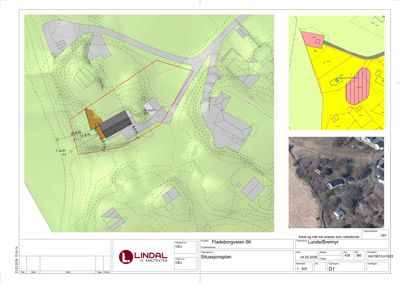 Situasjonsplan som viser tomtens grenser, topografi, nabobebyggelse og en oversikt over området.